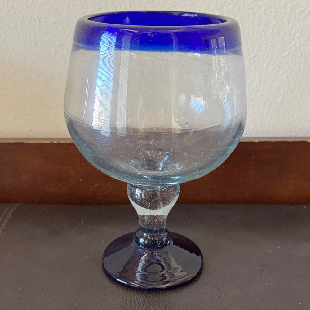 Mexican Hand-Blown Glass Featuring a Cobalt Blue Trim & Base